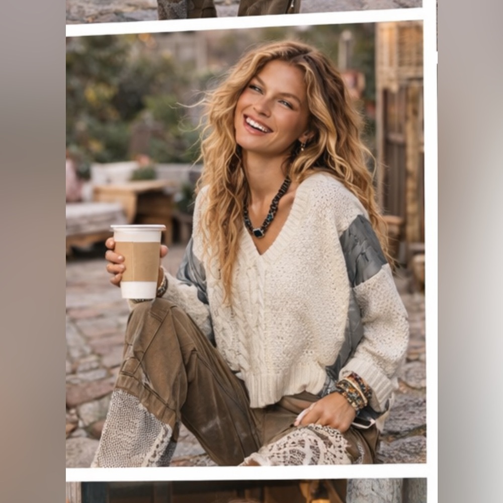 🆕 POL Cable Knit Quilting Patch V-Neck Contrast Sweater NWOT